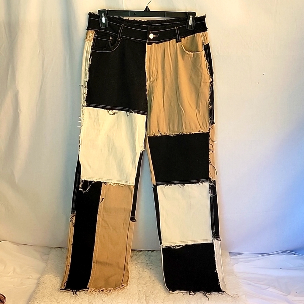 Thunder Star Womens Patchwork straight leg jeans mid rise stretch frayed denim